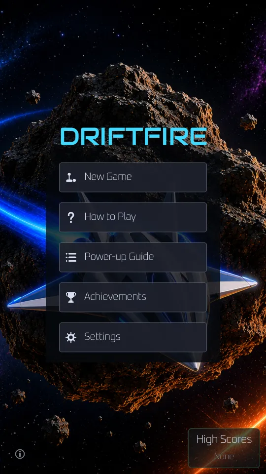 Driftfire's main menu — the logo over a starfighter banking around a glowing asteroid, with New Game, How to Play, Power-up Guide, Achievements, and Settings.