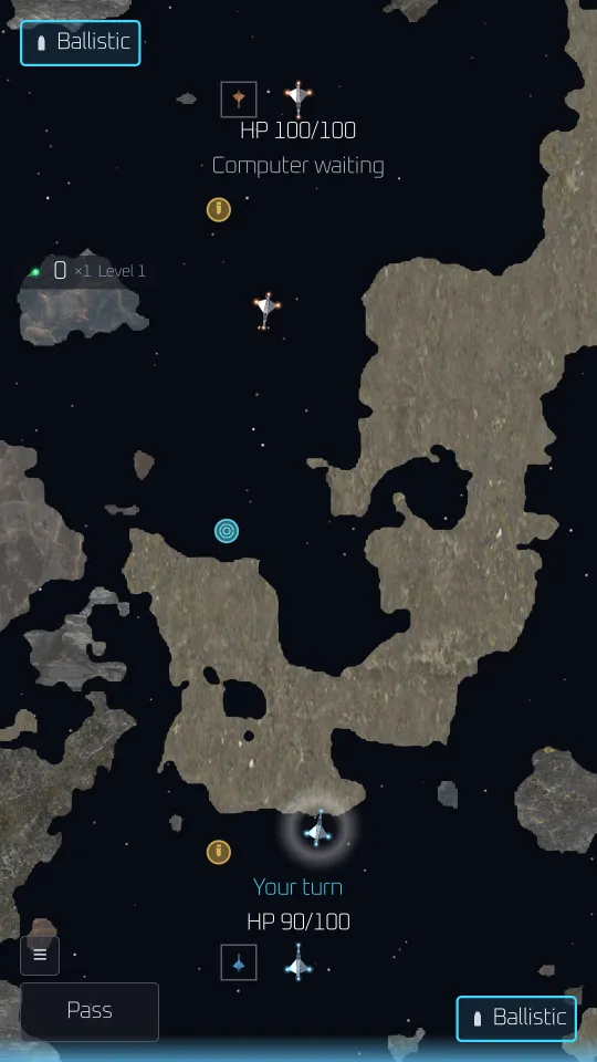 A turn-based match against the computer: two starfighters over a tan asteroid field, health bars, a Ballistic weapon selected, and the 'Your turn' prompt.