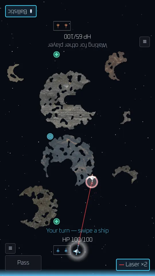 A laser strike landing for 35 damage on an enemy ship among bored-out asteroids, with the 'Your turn — swipe a ship' prompt and a Laser ×2 weapon.